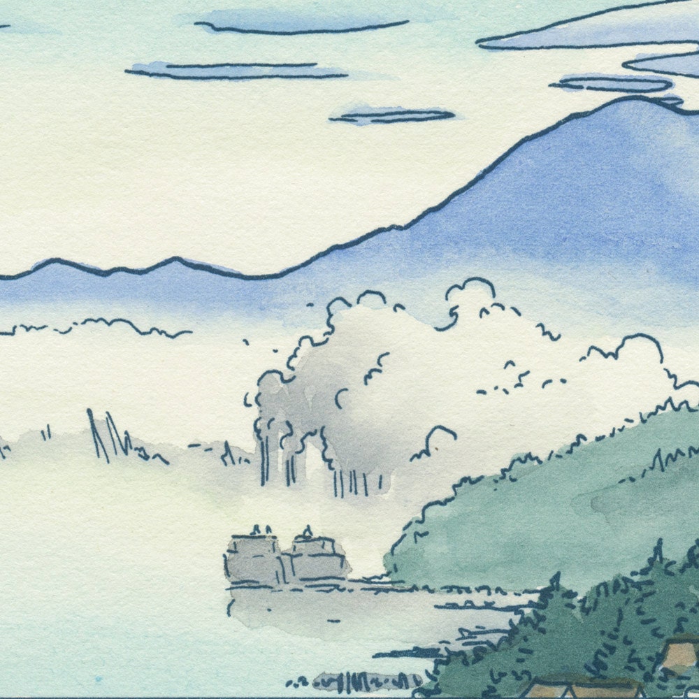 MORNING FOG original hand colored letterpress print featuring Mt. Rainier