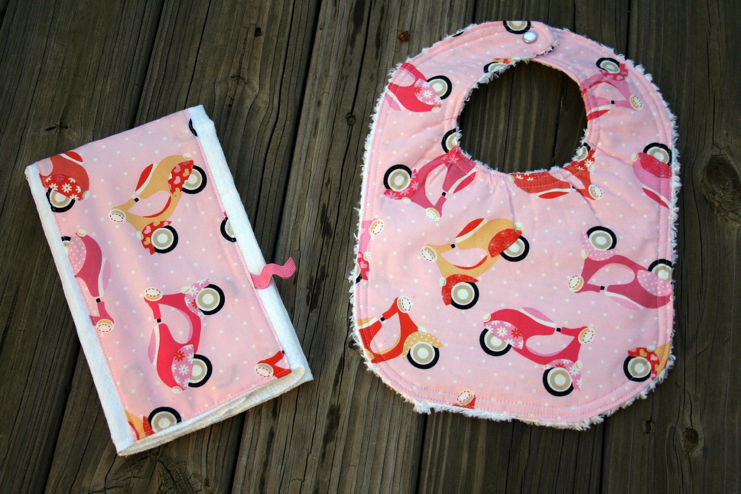 Pink Vespa Bib and Burp Cloth Set