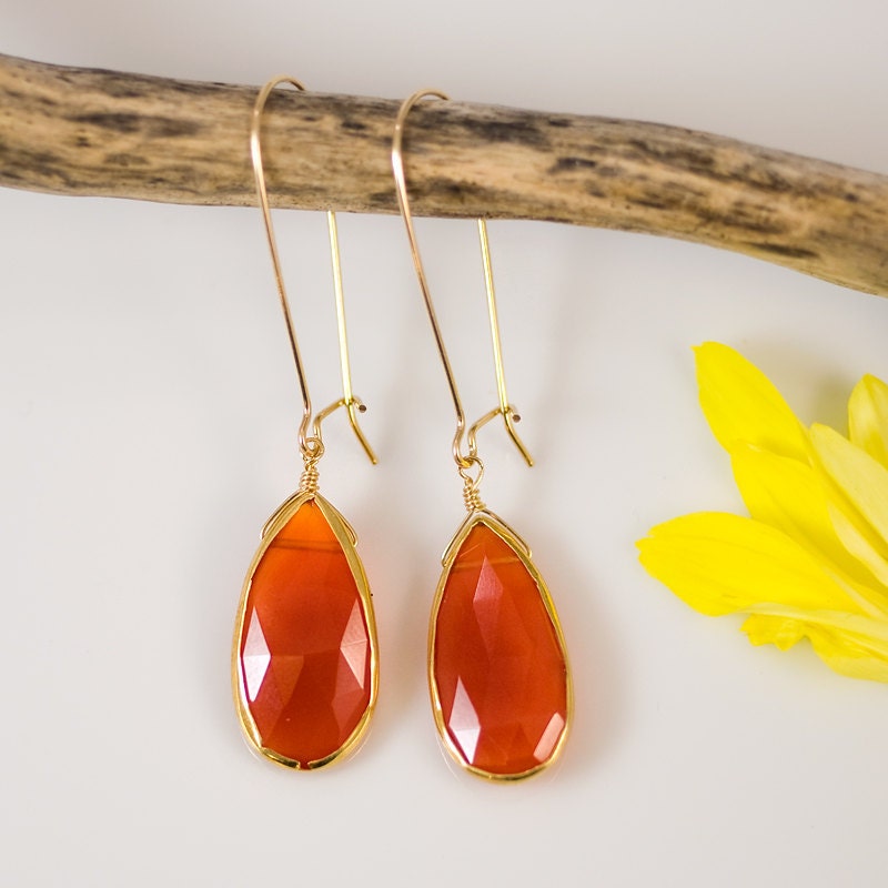 10% Off - Carnelian Earrings - Bezel Set Earrings - Large Gemstone Earrings - Gold Earrings