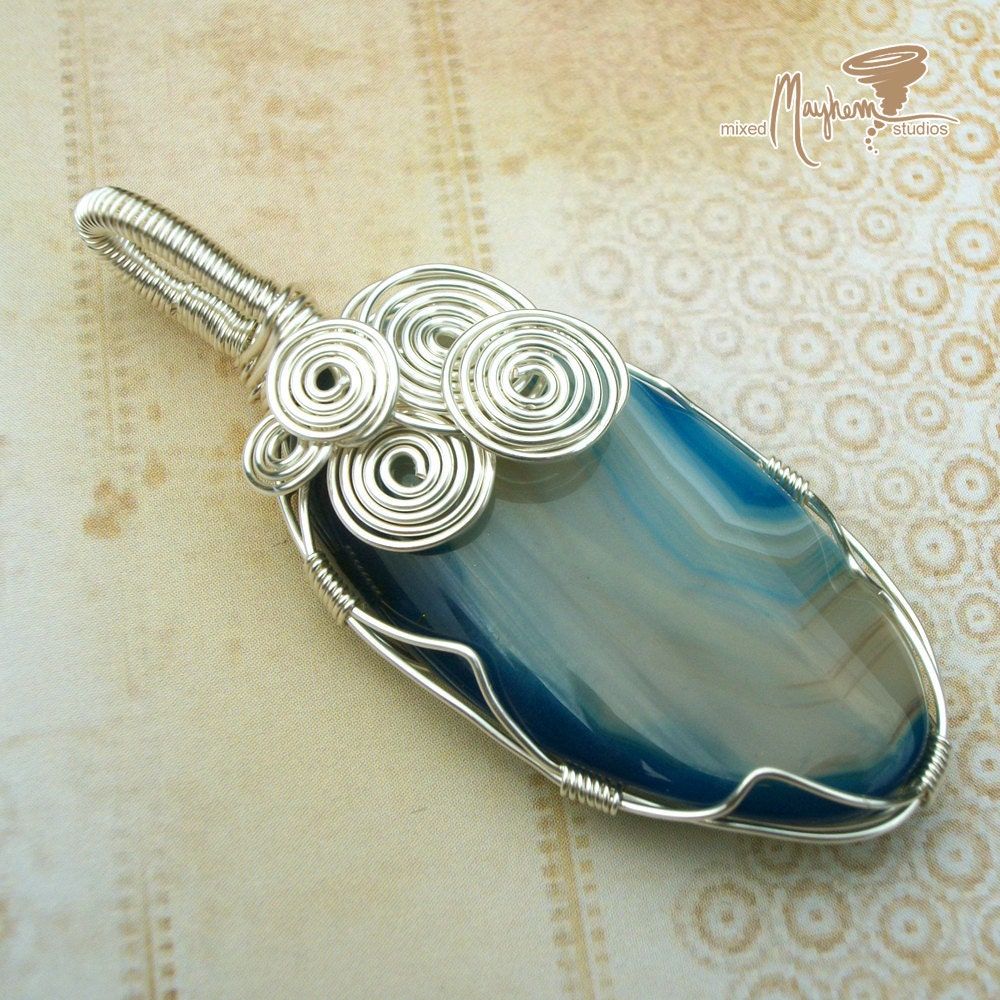 Wire Wrapped Pendant Bright Blue Agate in Silver Wire