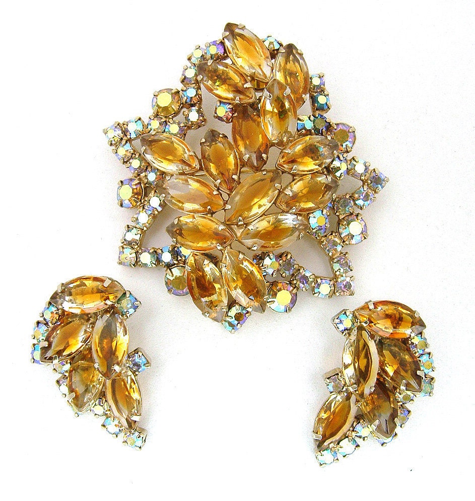 Vintage Juliana Brooch and Earrings Set Honey Colored Navettes and AB Rhinestones