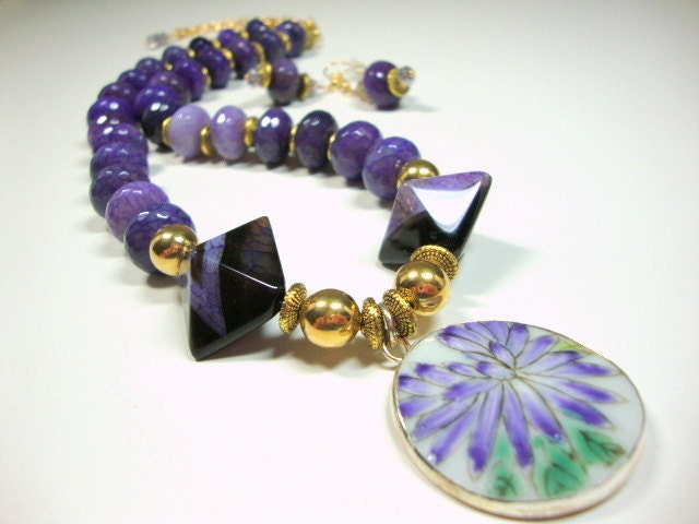 Purple Faceted Agate with Gold Pottery Shard Necklace FREE earrings