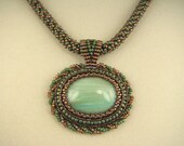 Beadwork Pendant with Amazonite Cabochon on a Russian Spiral Weave Necklace