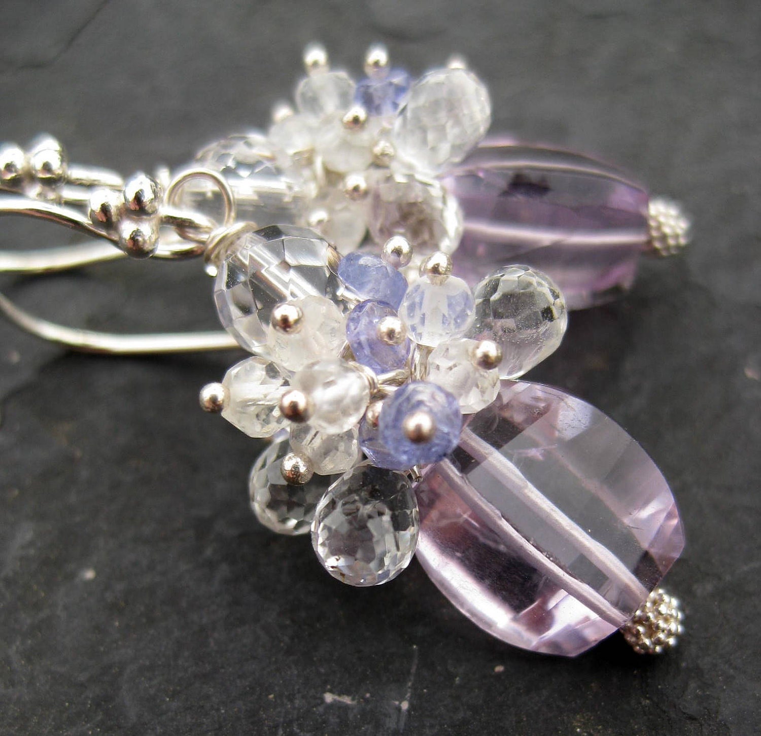 Amethyst earrings, white topaz, tanzanite earrings --Lavande--