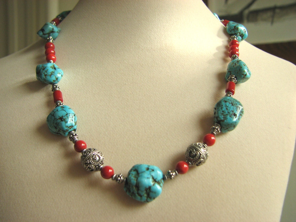 Turquoise, Red Coral and Silver Bali Bead Necklace