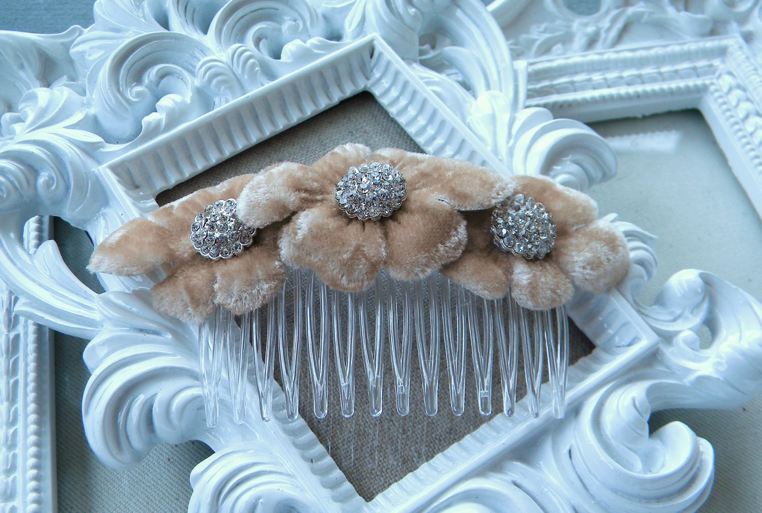 Vintage Latte Mocha Velvet Flower and Rhinestone Bridal & Special Occasion Hair comb