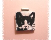 Tuxedo Cat Pendant pink and black - handmade polymer clay jewelry