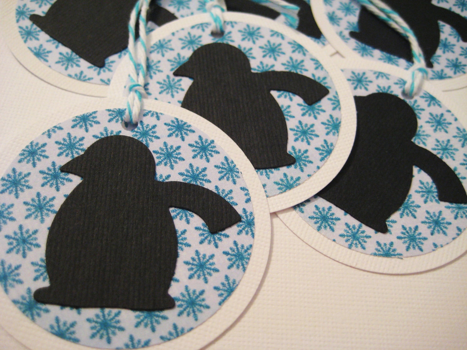 Penguin gift tags, black and blue snowflakes (set of 8)