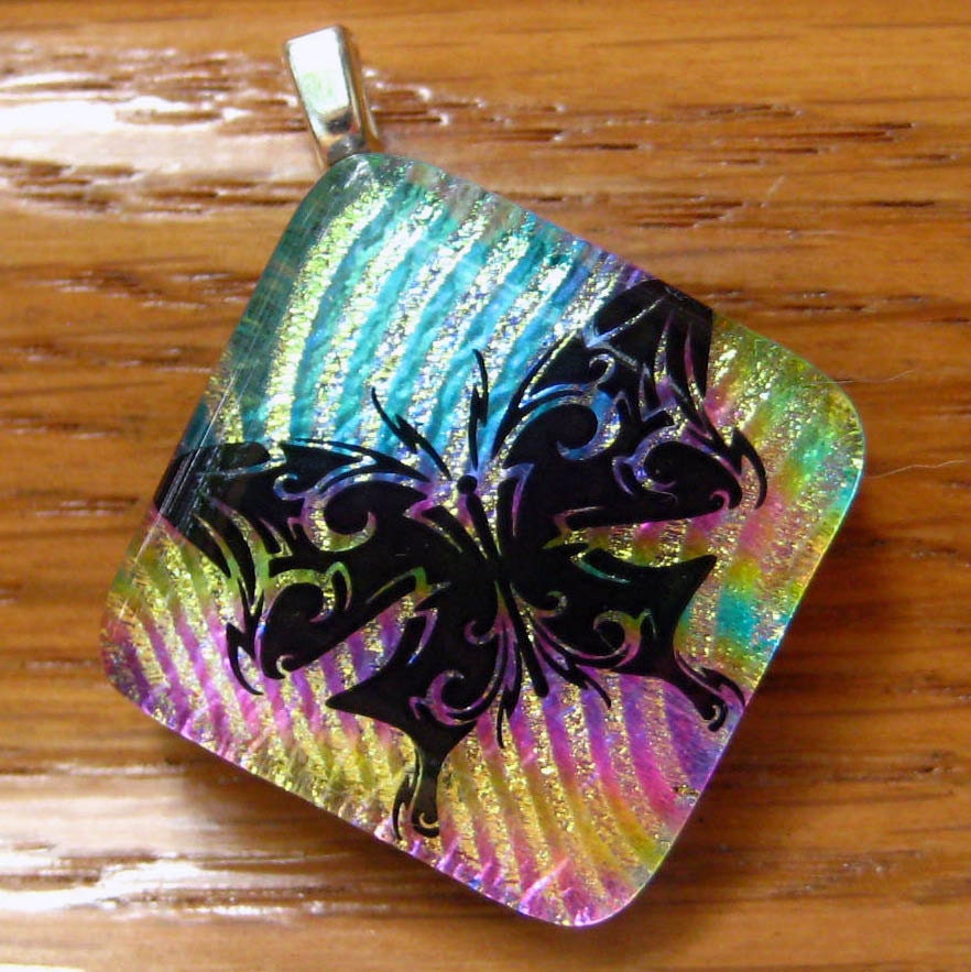 Blue Rainbow Butterfly  Dichroic Fused Glass  Pendant