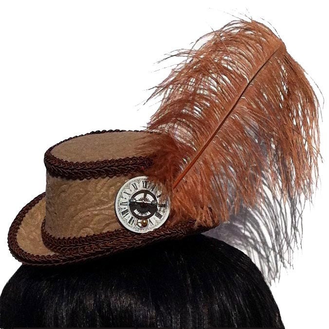 Steampunk Tan Scroll Pattern Victorian Riding Hat Mini Top Hat Ostrich Feather