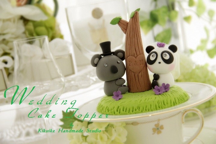 LOVE ANGELS Wedding Cake Topper-love Koala and Panda with tree