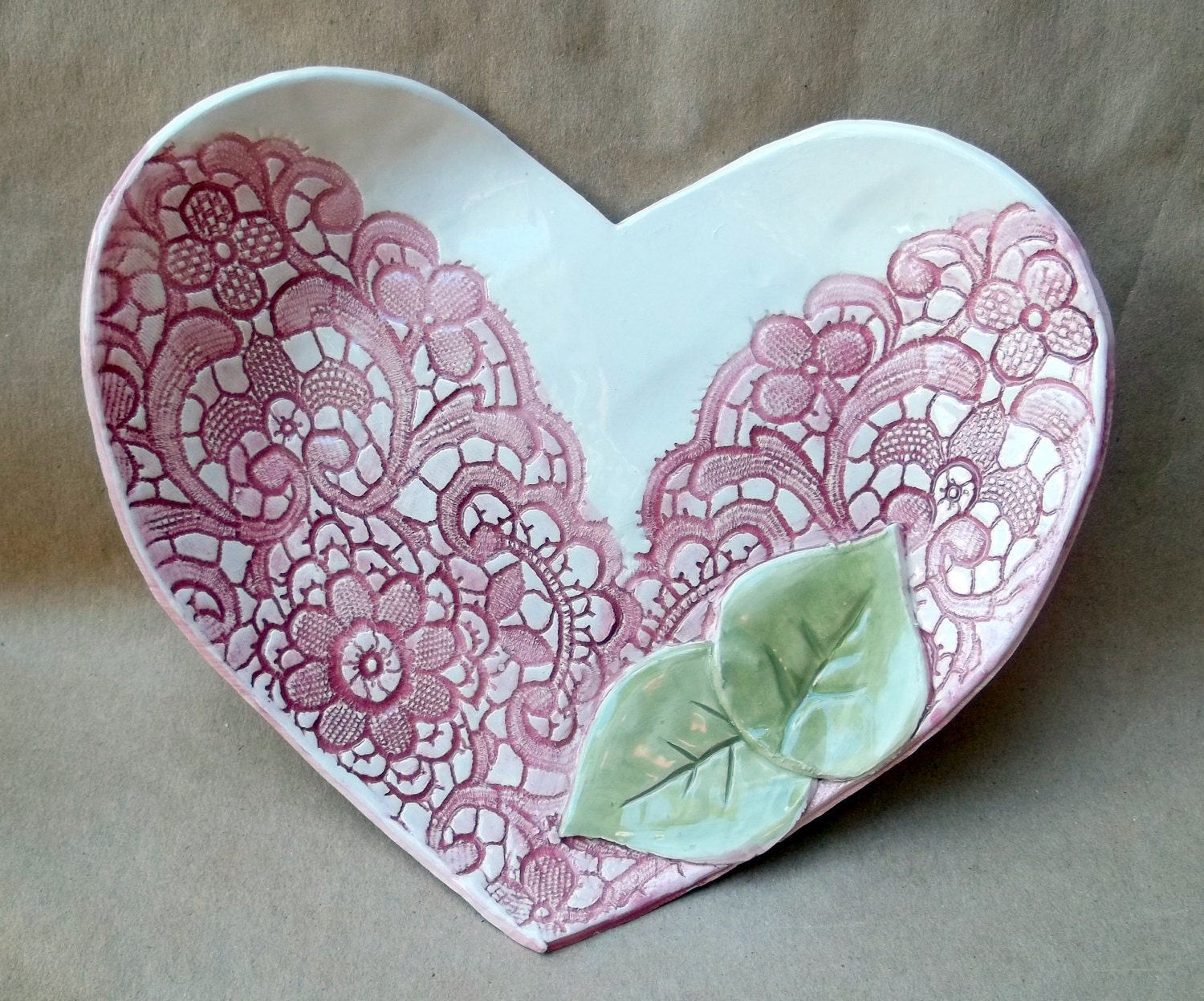 Large Ceramic Lace Heart  Bowl  Hand Built Pottery