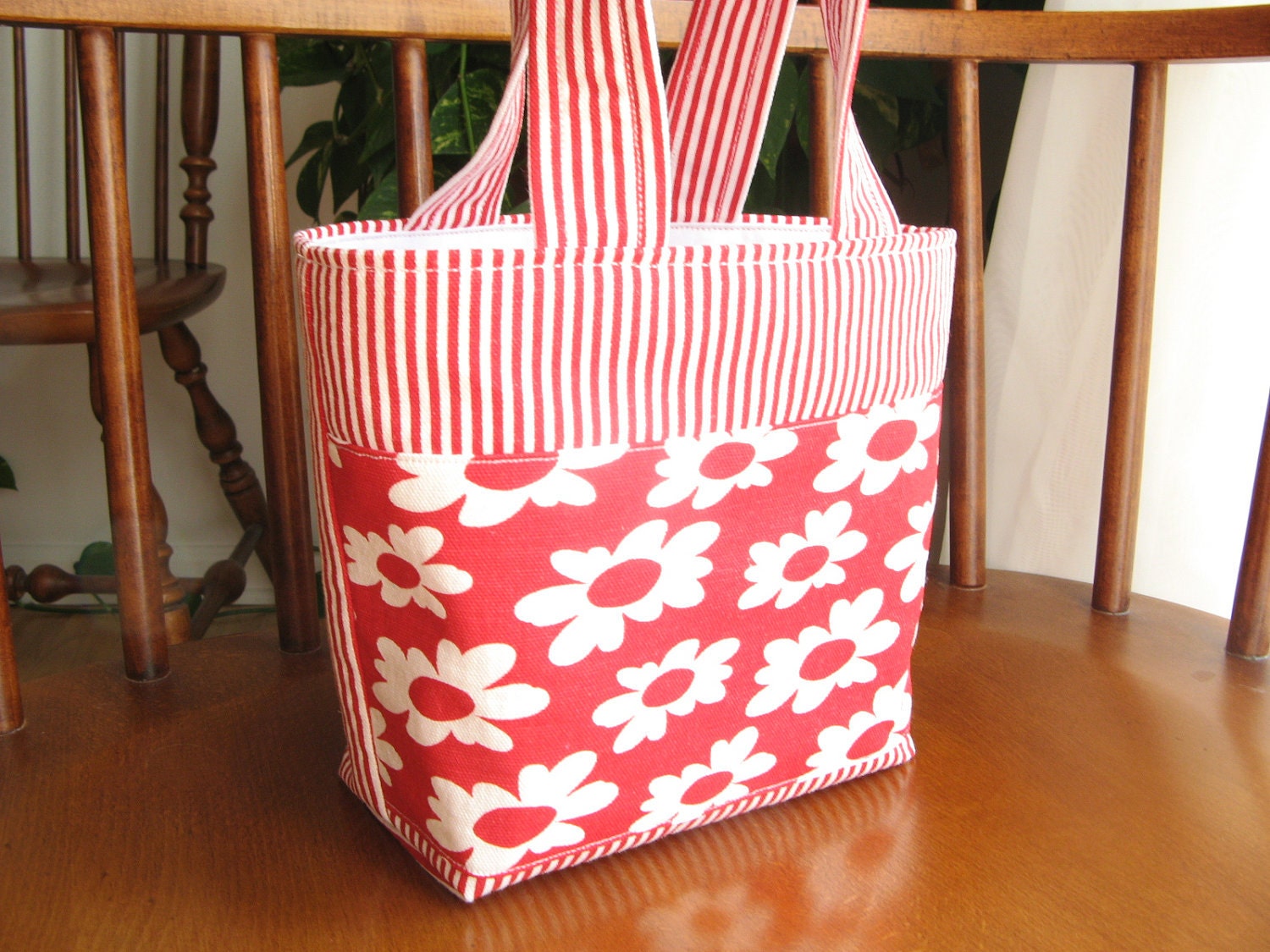 Red White Tote Small Purse Girls Stripes Flowers