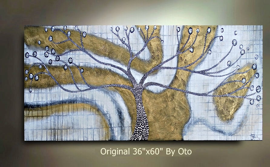 Large Original Tree Landscape Painting 60x36 Abstract Silver Gold Tree Texture Art metallic Modern Contemporary acrylic Painting by OTO