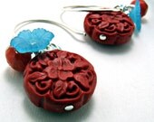 Red Earrings-Cinnabar Earrings w/ Aqua Czech Glass- Red Jewelry- Flower Earrings-Winter Earrings-Winter Jewelry-Aqua Earrings-Red and Aqua