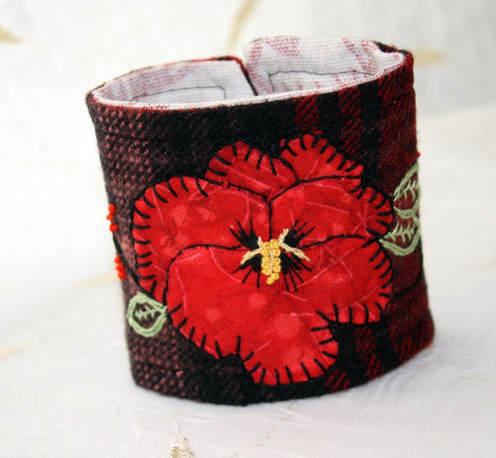 Wrist Cuff Red Tartan Hand Embroidery Bracelet Appliqued Pansy