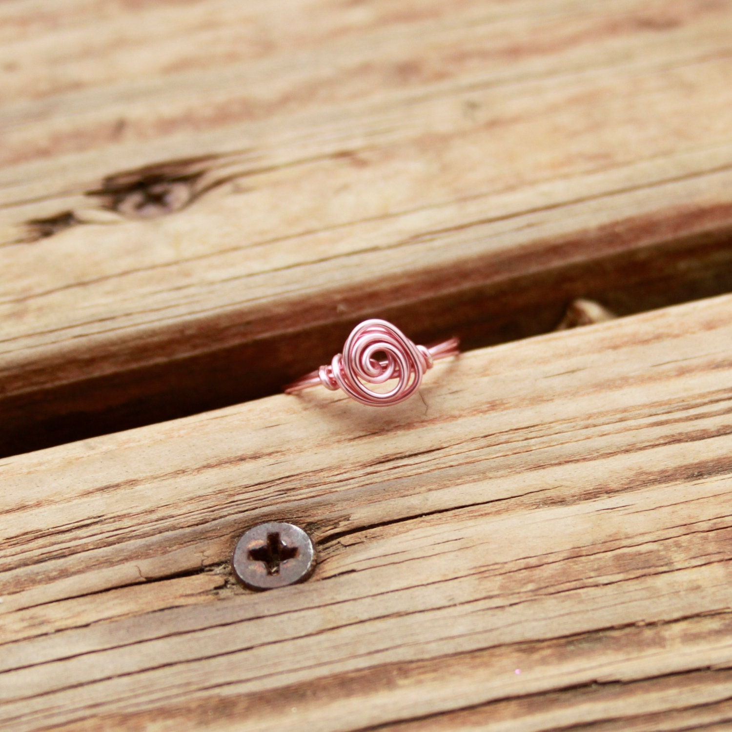 Wire Wrapped Rose Ring in Rose Gold.