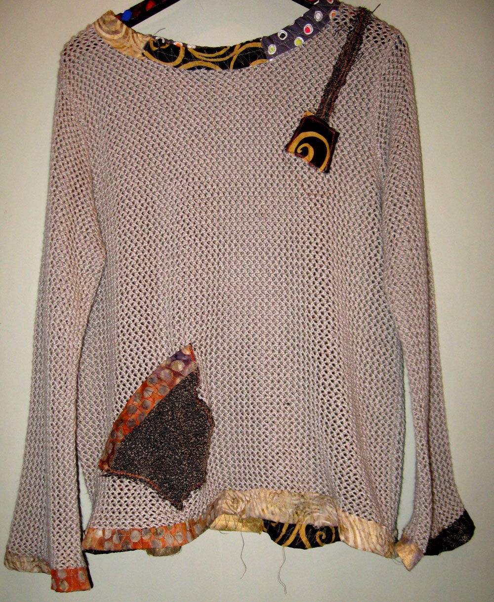 Oatmeal Crochet Upcycled embellished Sweater