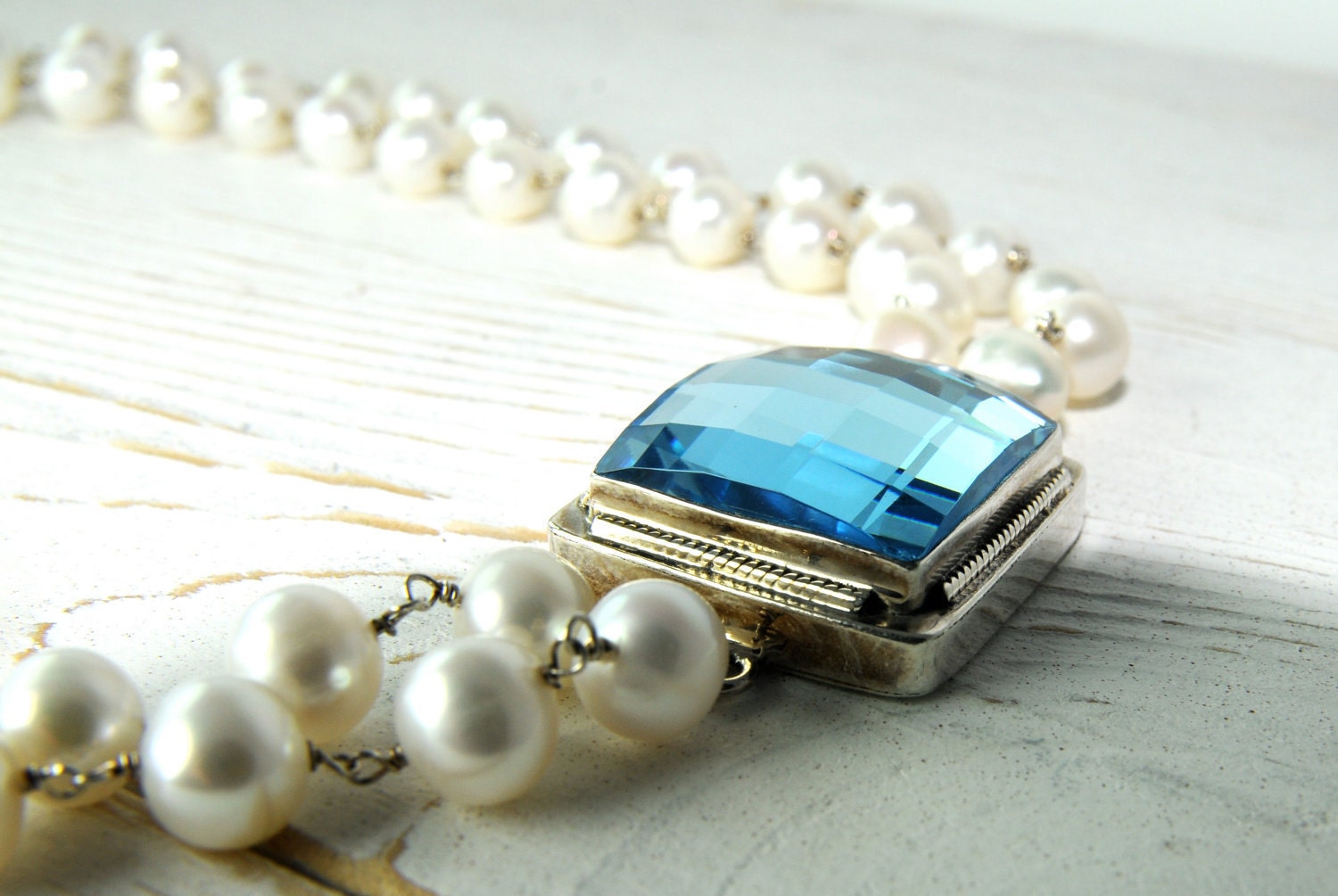 Luxury Gifts, Holiday Gifts, Gifts for HER, Double Pearl Strand, Sky Blue Swarovski Crystal Closure