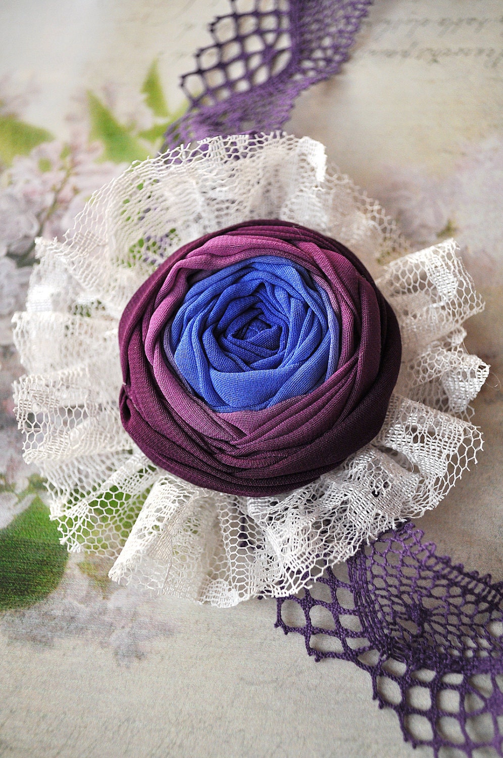 Vintage Romance Neclace-Bracelet -- shabby chic -- purple blue rosette -- purple linen lace