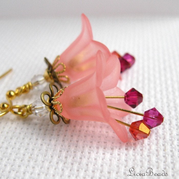 Bubble Gum - Pink floral, Swarovski crystal and gold earrings
