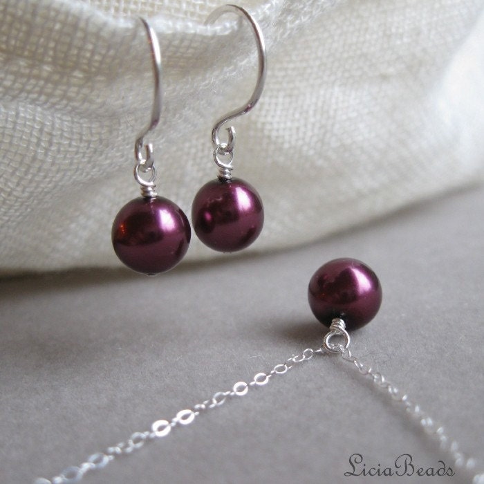Bride in Pearls - necklace and earring set in Plum, custom colors available