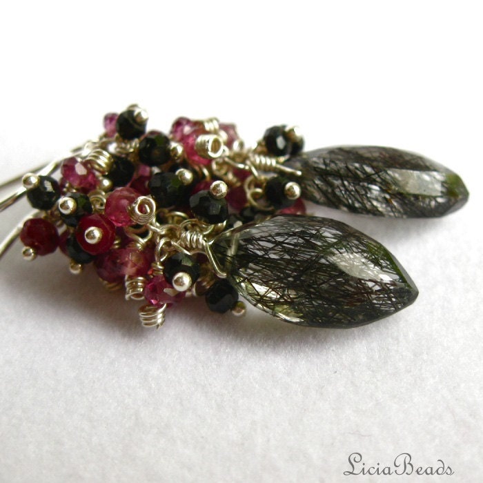 Ruby Tumble - Ruby, Garnet and Spinel clusters over Tourmalinated Quartz, sterling silver