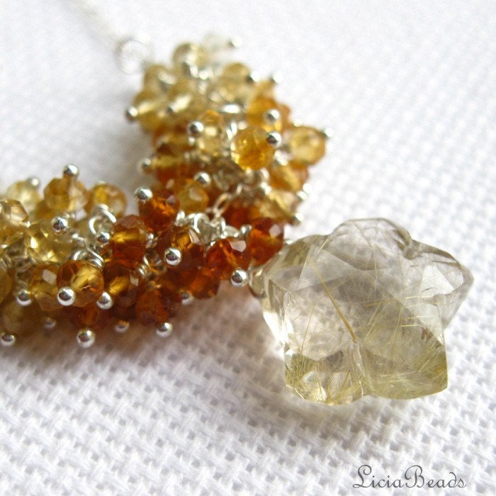 Autumn Star - Star faceted Rutilated Quartz gemstone and shaded Citrine cluster necklace