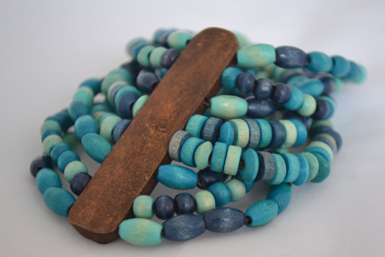 Multi Strand Beaded Cuff Bracelet, Naturally Dyed Blue Wooden Beads