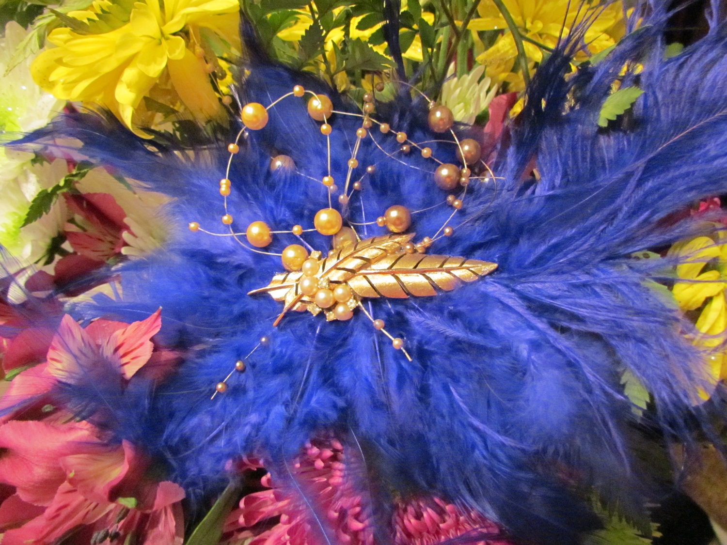 Feather Fascinator made with Vintage Jewelry, Faux Pearls