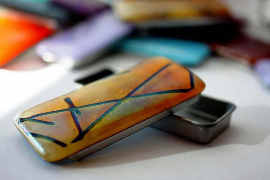 Fused Glass Slide Top Treasure Tin Amber -  Large