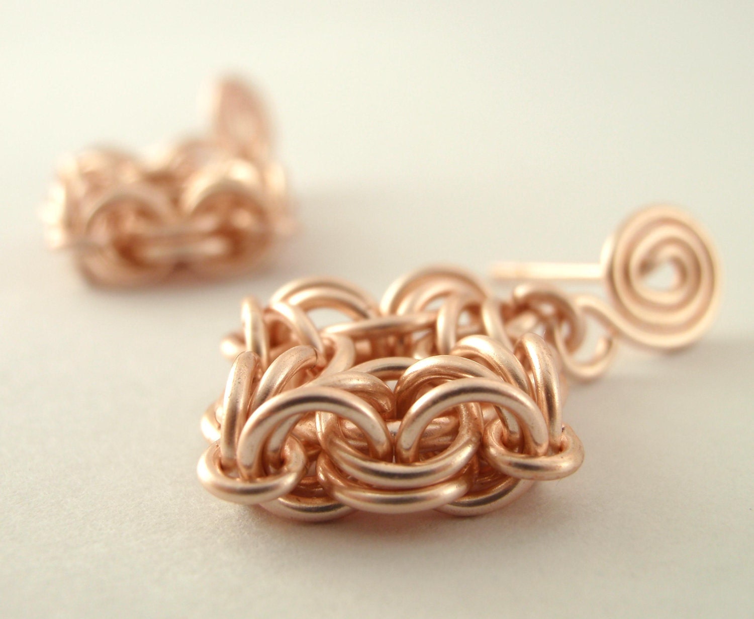 Rose Gold Colored Earrings - Celtic Labyrinth - Single Square Chainmail