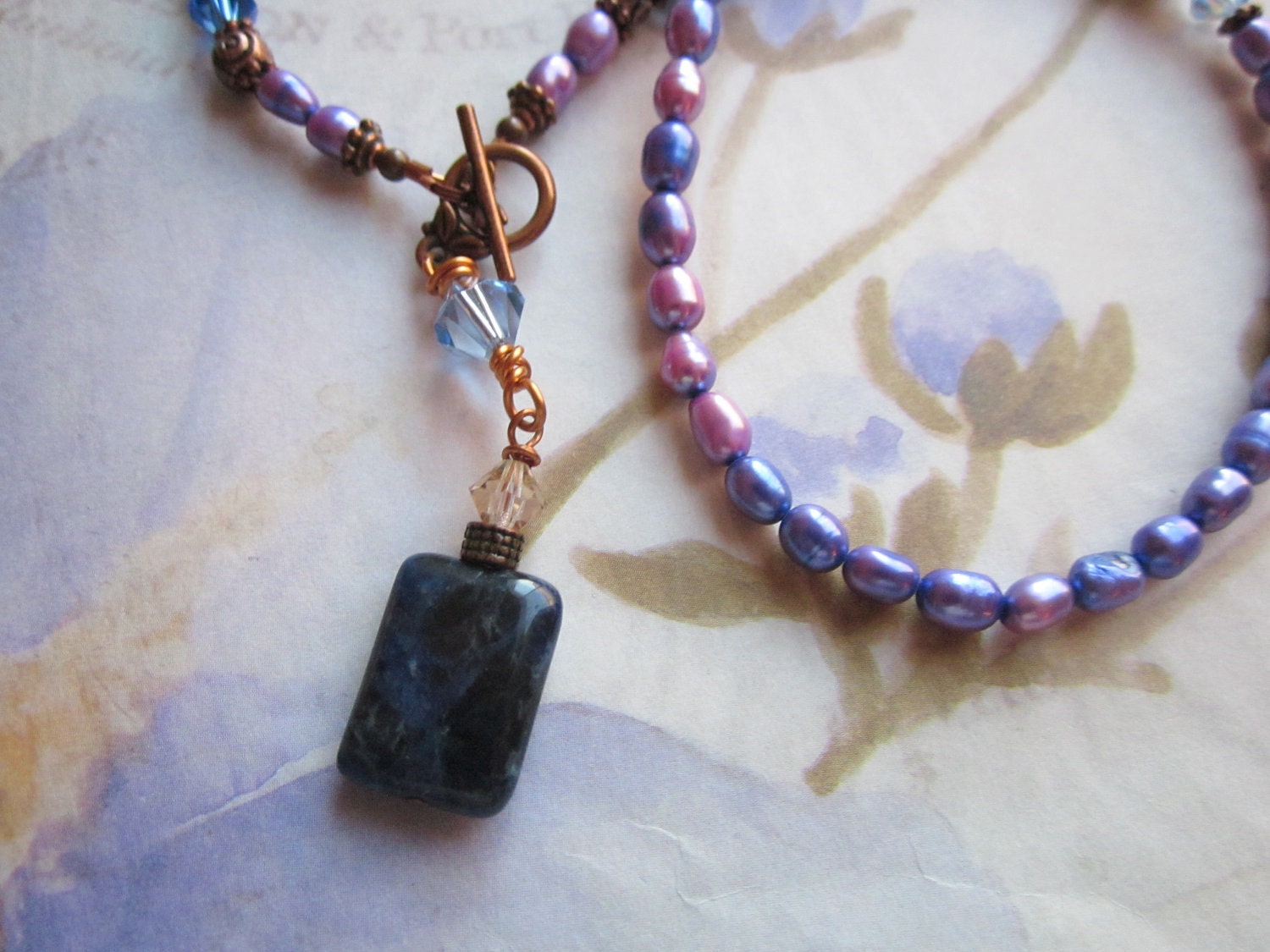 Blue Pearl, Crystal & Copper Pendant Necklace, Sale