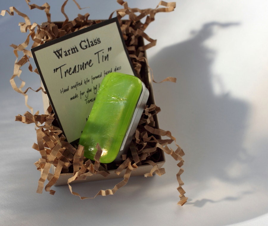 Fused Glass Slide Top Treasure Tin Spring Green -  Small