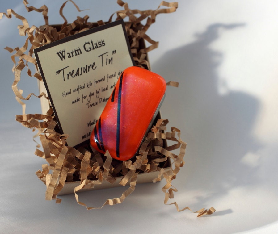 Fused Glass Slide Top Treasure Tin Orange -  Small