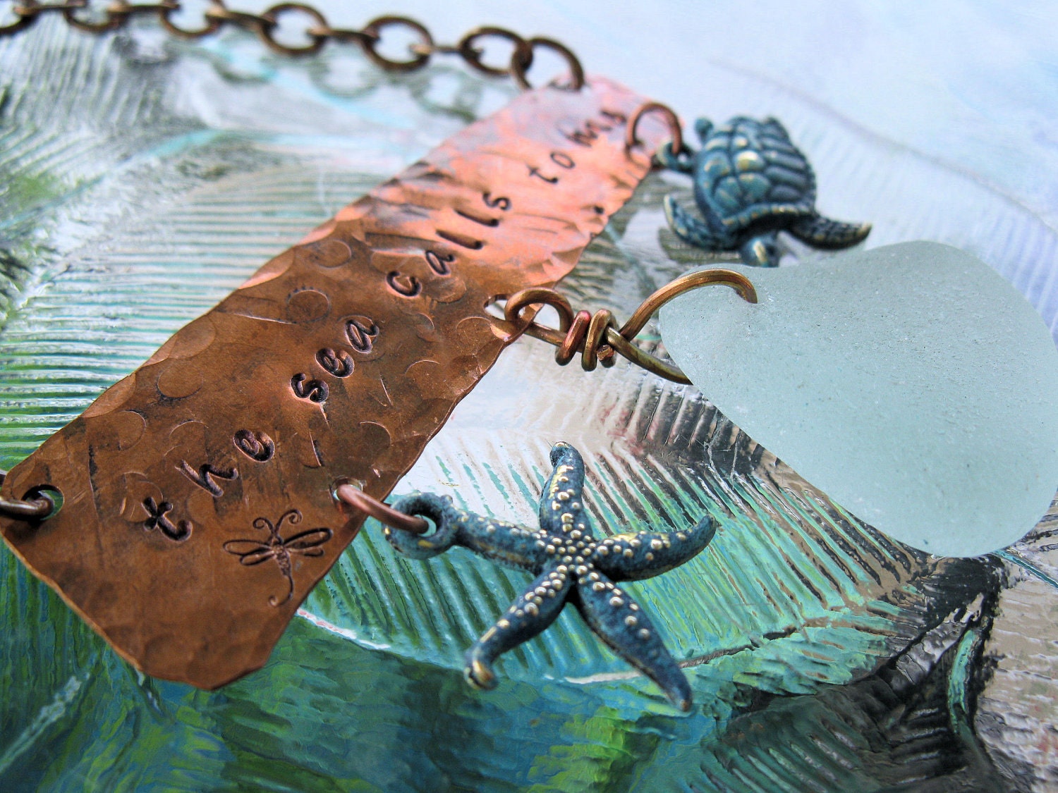 The Sea Calls To Me - Copper Hammered Seaglass Turtle Starfish Necklace