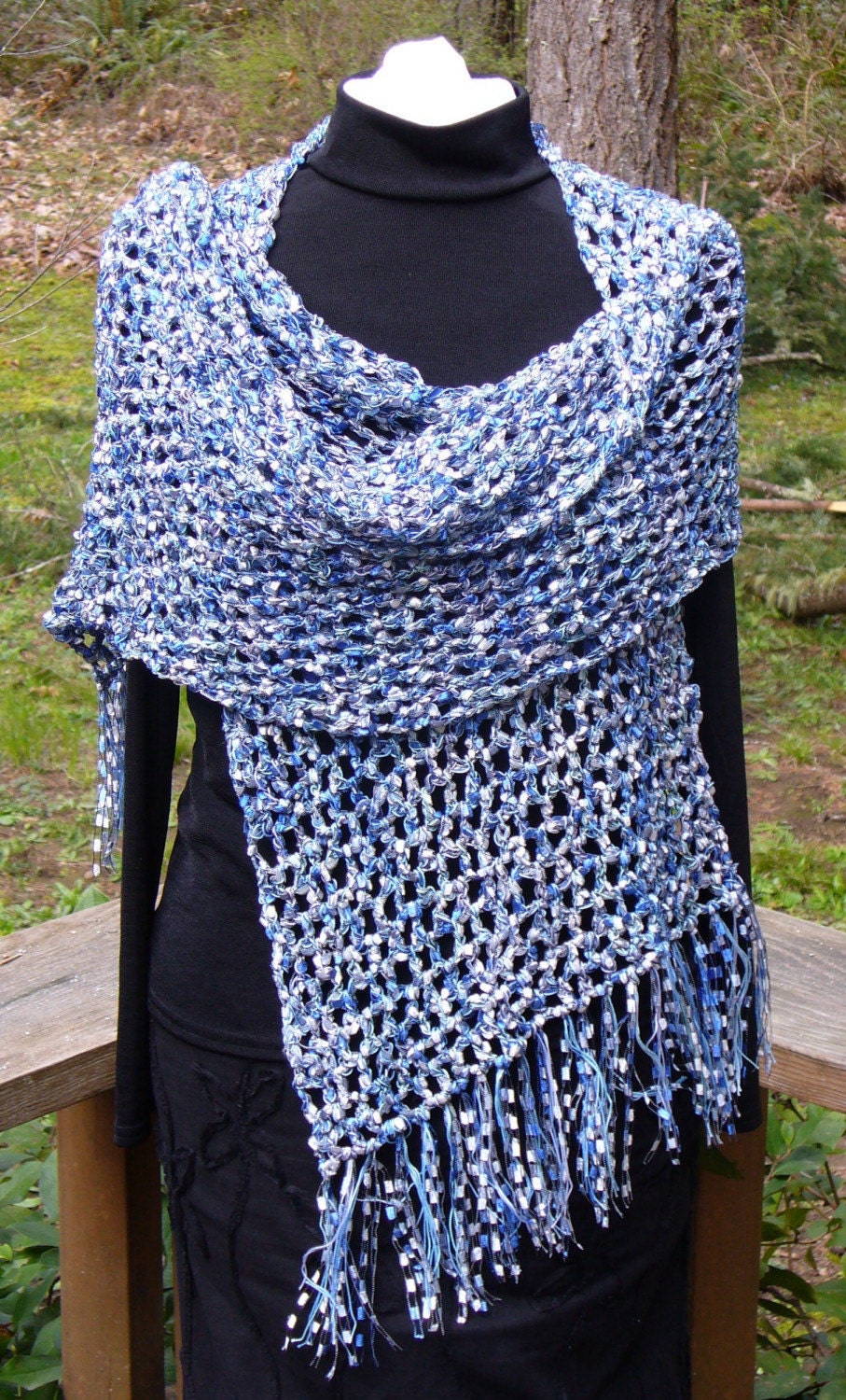 hand crochet pashmina shawl, blue