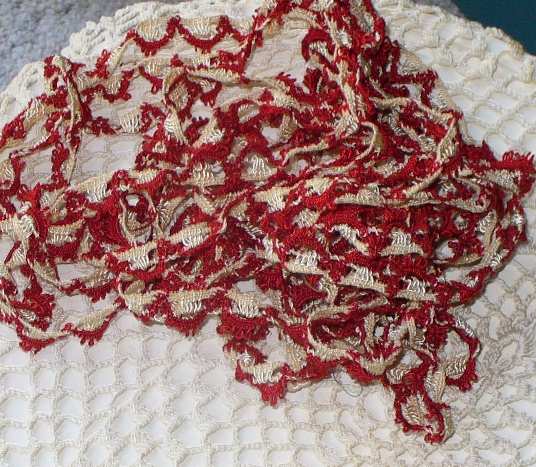 vintage, trim, red, ecru, 1930s, bobbin lace