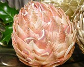 unique pink Christmas ornaments, ribbon pine cone