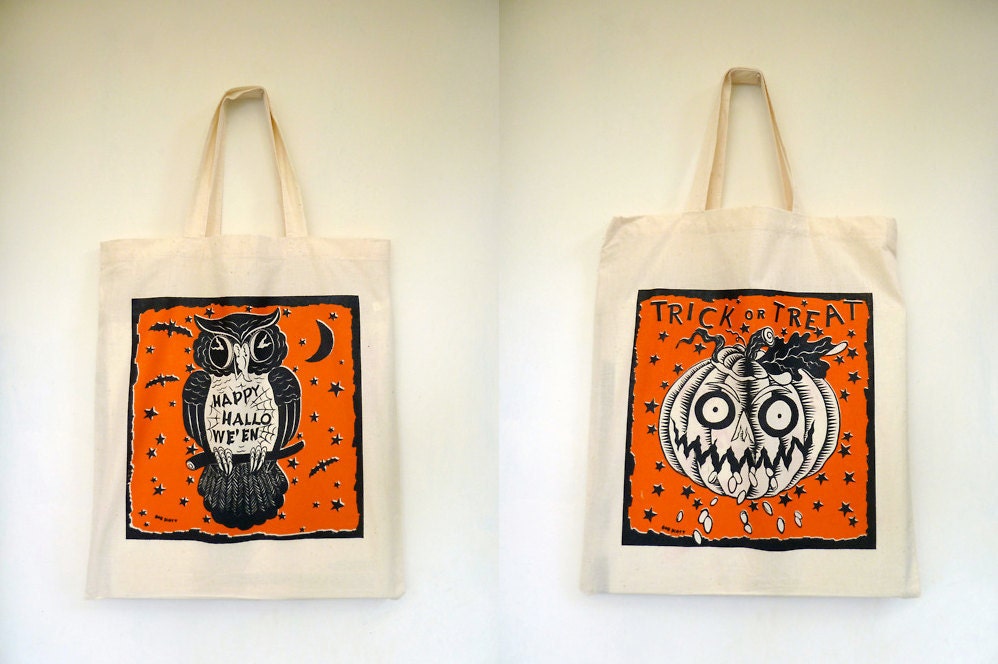 Trick or Treat Canvas Tote - Double-sided Owl and Pumpkin Record Bag