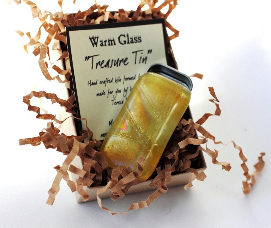 Fused Glass Slide Top Treasure Tin Marigold -  Small