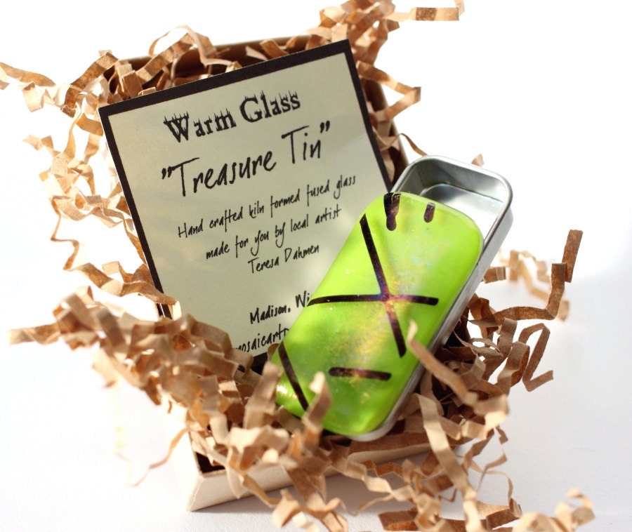 Fused Glass Slide Top Treasure Tin Lime Chopstix -  Small