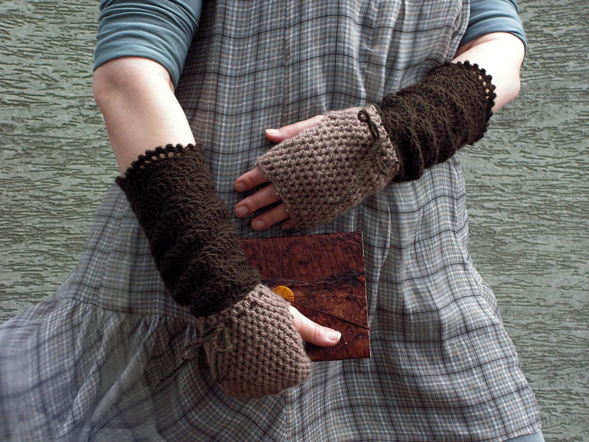 Warm Beige Afternoon - crocheted open work lacy two colors mittens fingerless gloves
