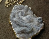 SALE  Freeform Druzy Chalcedony Rosette Pendant on Textured Gold Filled Chain  SALE