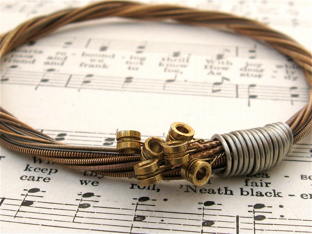 Recycled Acoustic Guitar String Bracelet bronze colored with brass ball ends attached Mens or Womens LARGE Free shipping to US