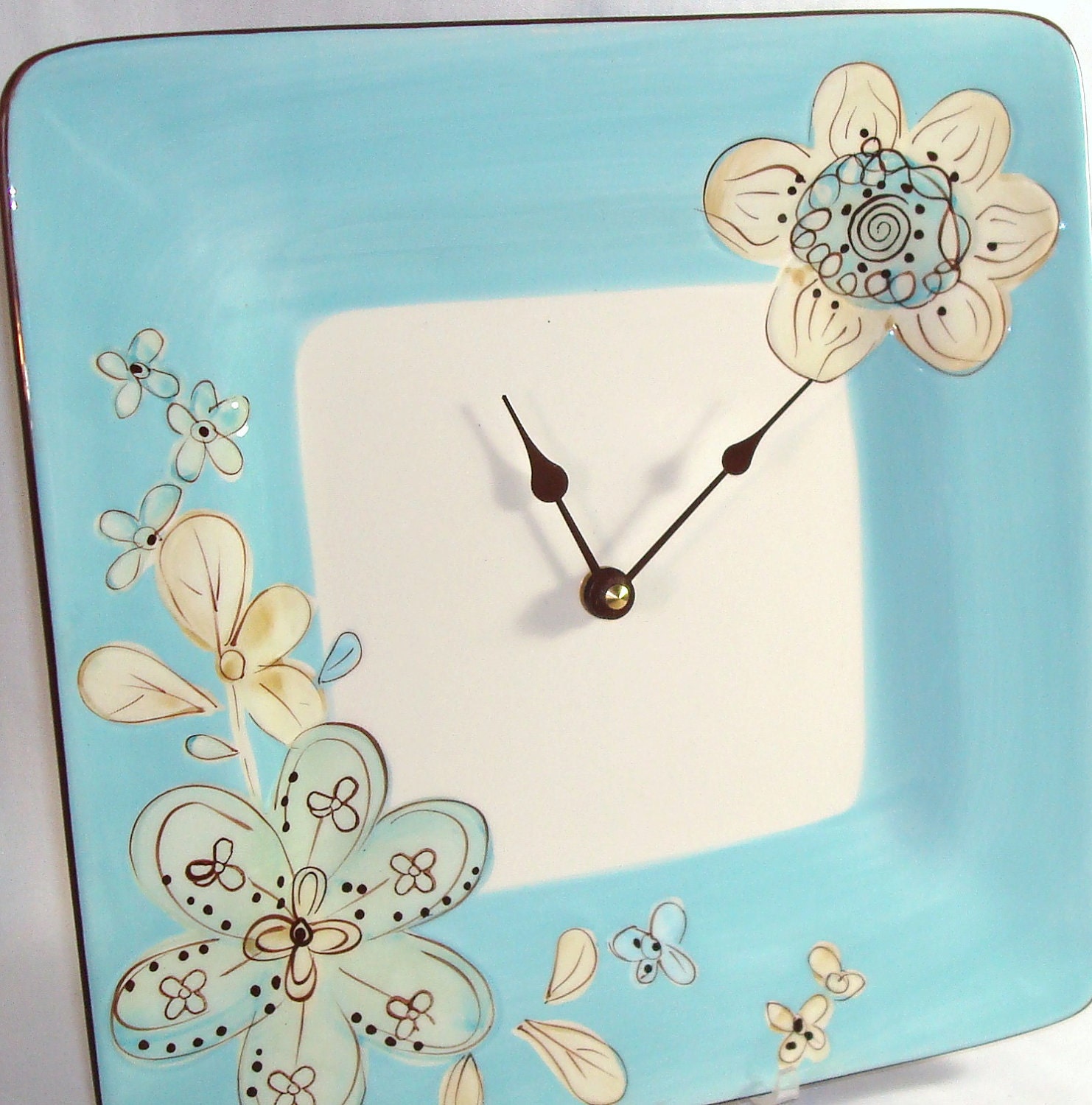 Wall Clock in Aqua Brown and Cream - Flower - Ceramic Plate Wall Clock No. 707 (10-1/2 inches)