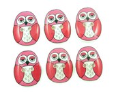 Pink Owl Buttons. Handmade Buttons. 6 resin sewing buttons.