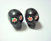 Red Flower Eyes in Black Day of The Dead Skull Beads