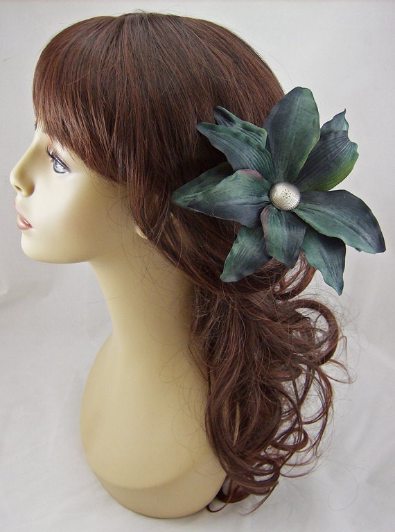 Dark Teal Silk Tiger Lily Hair Stick