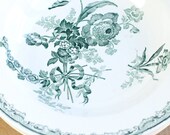 Vintage French Set of 4 Sarreguemines Faience Ironstone Transferware Bowls - Green Floral Print  'Fontange'